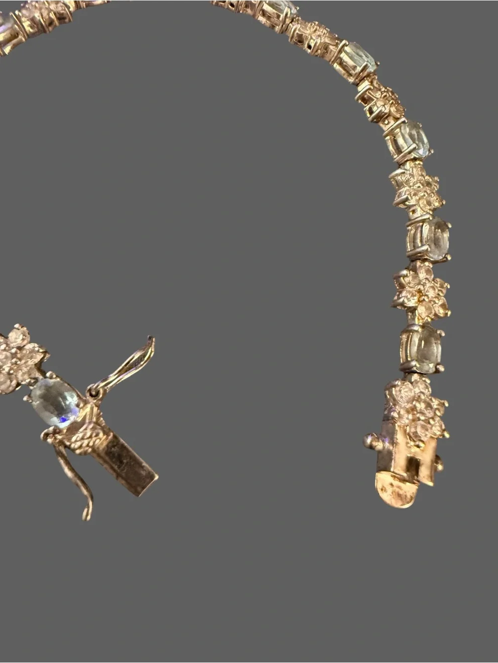 Vintage 925 Sterling Silver Blue Topaz & CZ Tennis Bracelet 7" JJT Floral Design - Picture 8 of 11